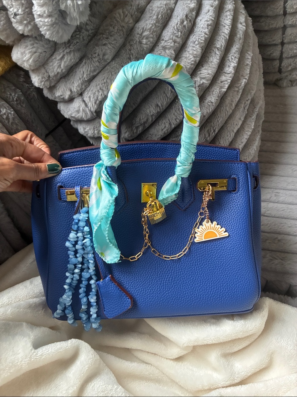 Blue Structured Top-Handle Women's Bag with Gold Hardware